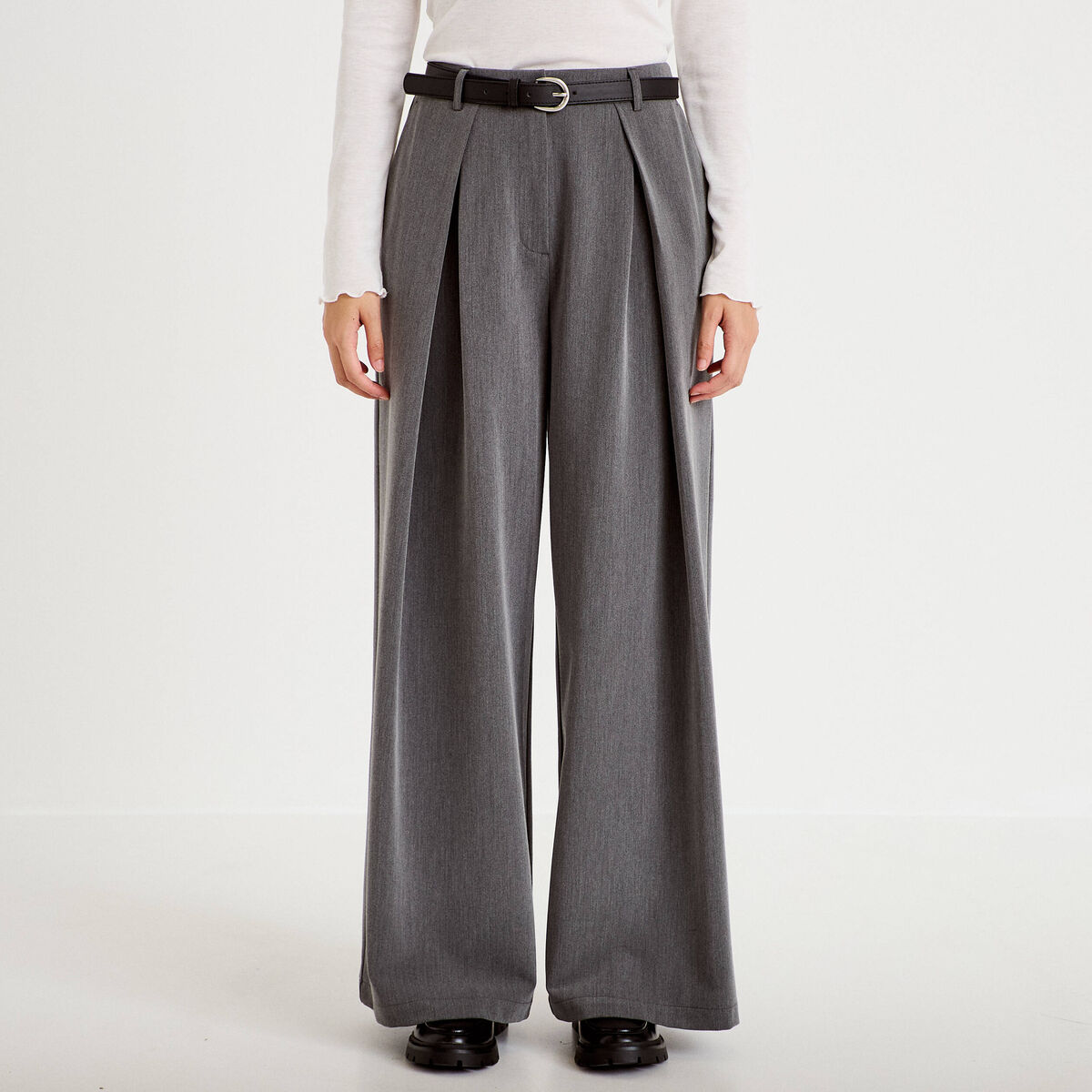 Pantalon large avec ceinture amovible gris clair femme