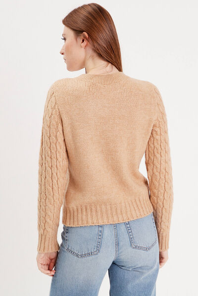 Pull avec torsades et perles beige femme