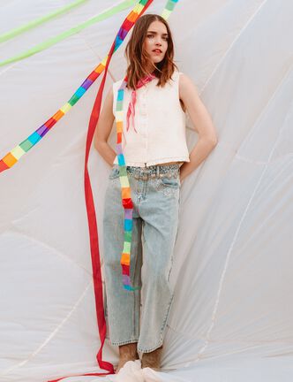 Jean wide leg cropped taille standard denim bleach femme