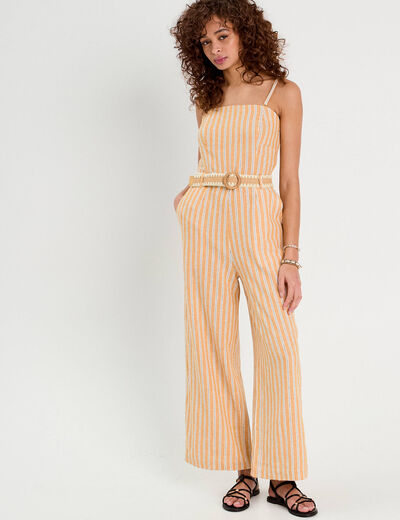 Combinaison pantalon bretelles avec lin jaune femme