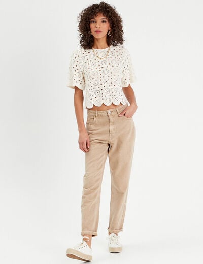 T-shirt macramé col rond ecru femme