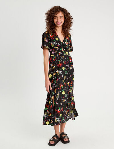Robe longue évasée col twisté noir femme