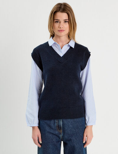 Pull 2-en-1 col en V bleu marine femme