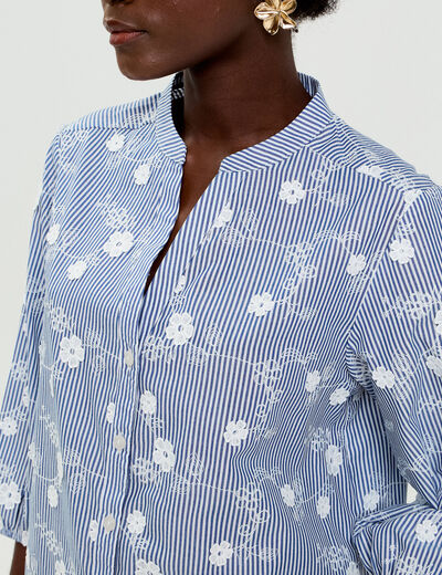 Blouse brod&eacute;e col mao manches 3/4 blanc femme