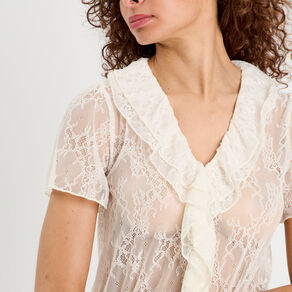 Top dentelle et volants ecru femme
