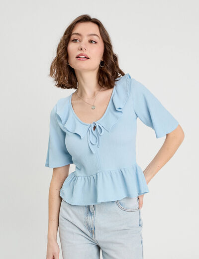 Blouse noeud et volants bleu ciel femme