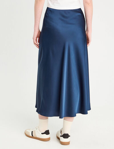 Jupe longue trapèze satin bleu marine femme