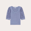 Pull manches 3/4 brodées bleu gris femme