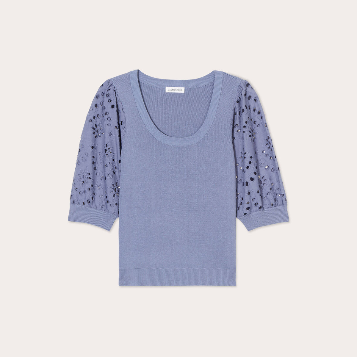 Pull manches 3/4 brodées bleu gris femme
