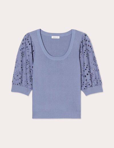 Pull manches 3/4 brodées bleu gris femme