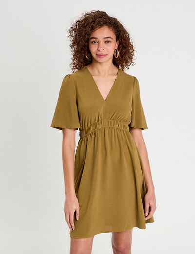 Robe évasée taille élastiquée vert kaki femme
