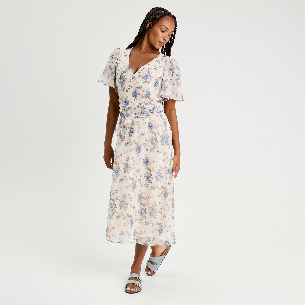 Robe midi évasée col en V blanc femme