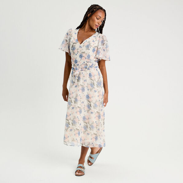 Robe midi évasée col en V blanc femme