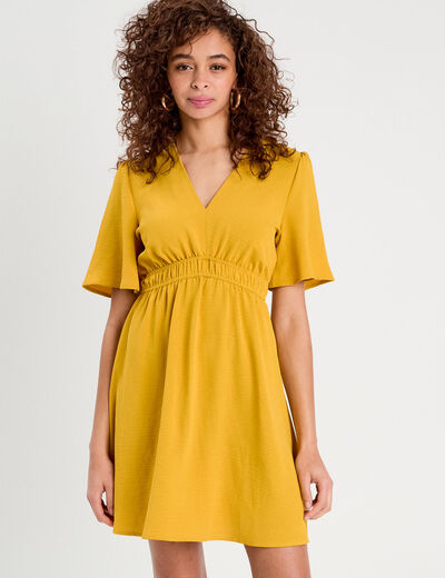 Robe évasée taille élastiquée jaune citron femme