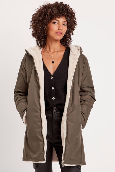 Parka réversible à capuche vert kaki femme