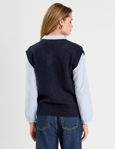 Pull 2-en-1 col en V bleu marine femme