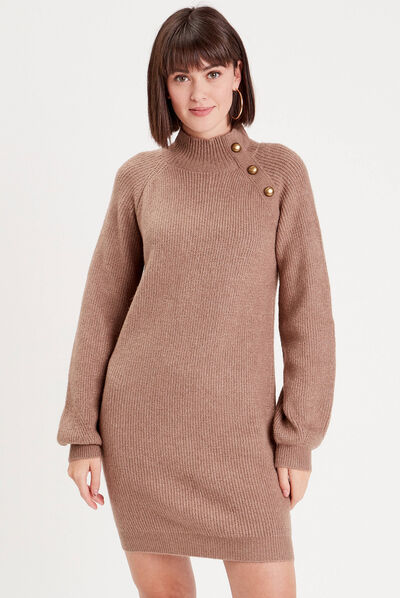 Robe pull droite col montant marron femme