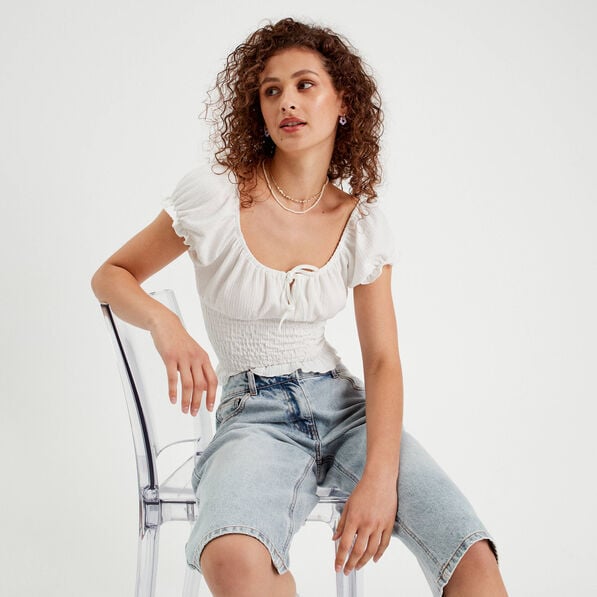 blouse smockee manches courtes ecru femme Blouse smockée manches courtes ecru femme