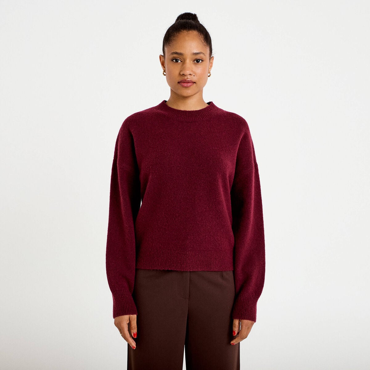Pull col rond bordeaux femme
