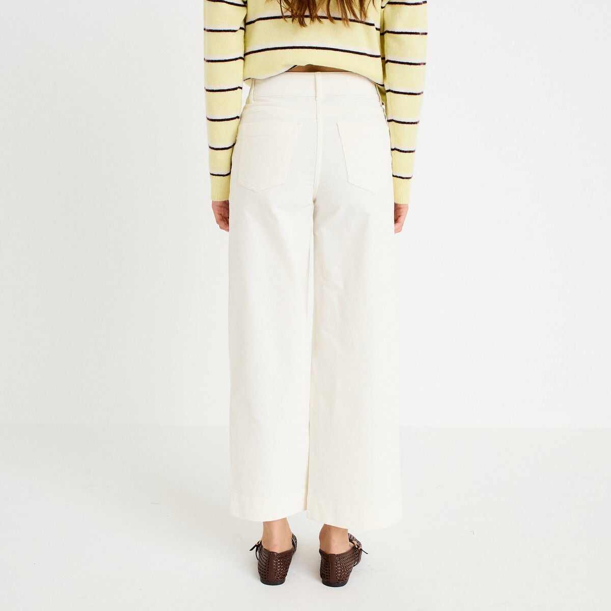 Pantalon bootcut taille haute velours ecru femme