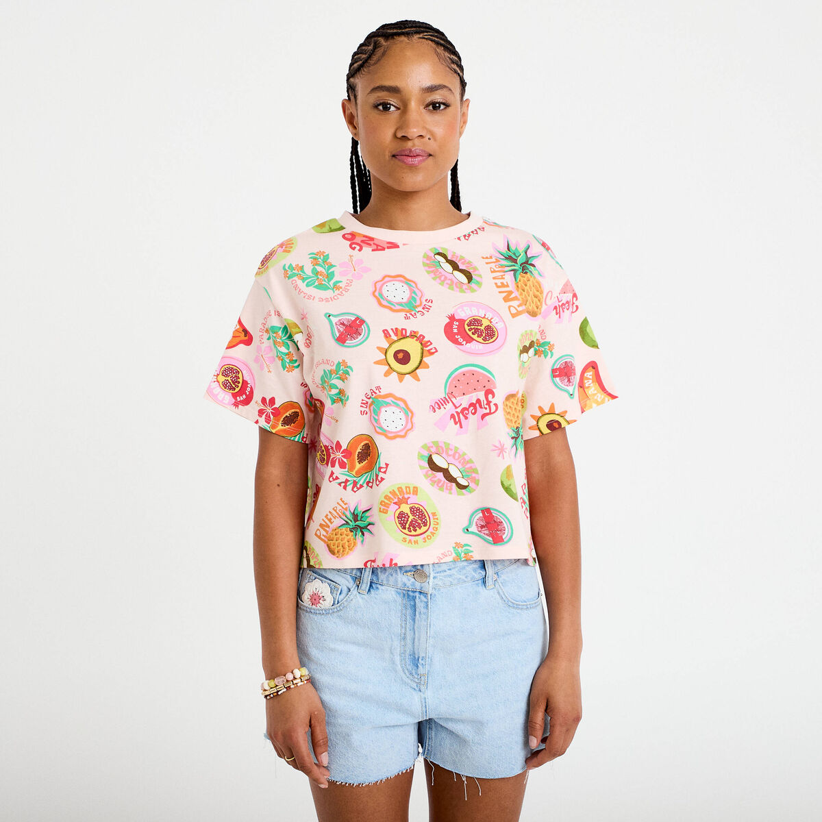 T-shirt droit cropped manches courtes beige femme