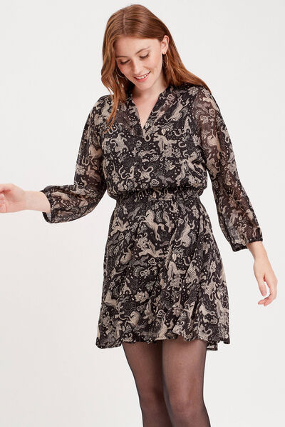Robe évasée manches longues noir femme