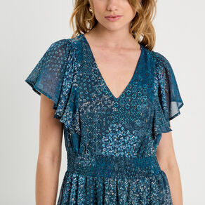 Robe évasée taille smockée bleu foncé femme
