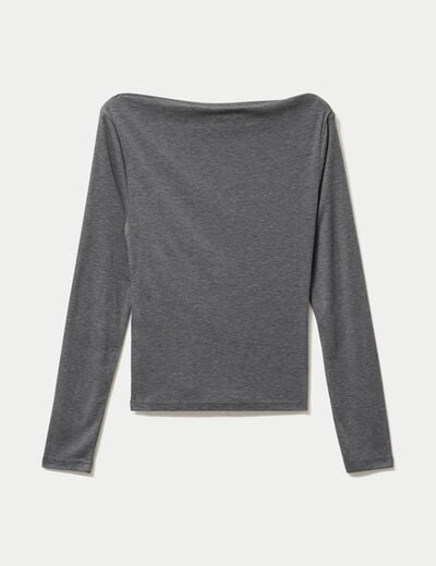 T-shirt col b&eacute;nitier manches longues gris fonc&eacute; femme