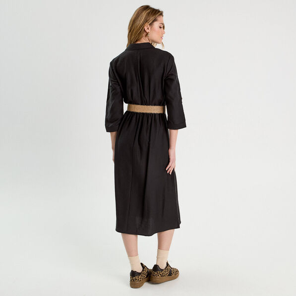 Robe longue évasée ceinturée noir femme