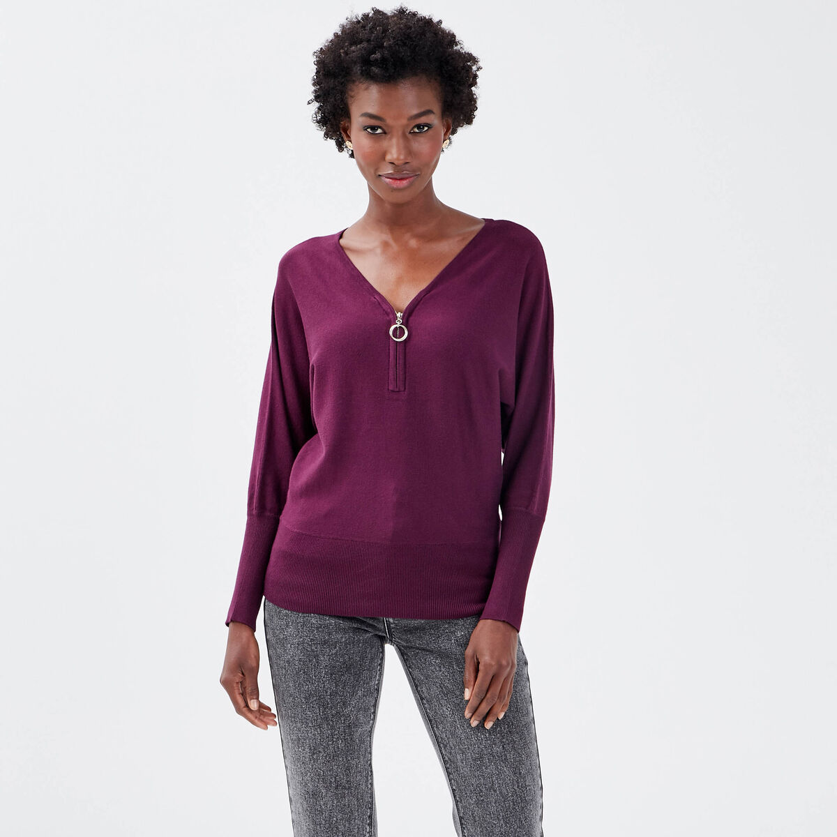 Pull avec col zippé prune femme