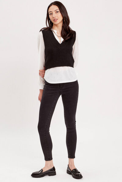 Pull sans manches col en V noir femme