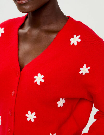 Gilet avec fleurs brod&eacute;es rouge femme