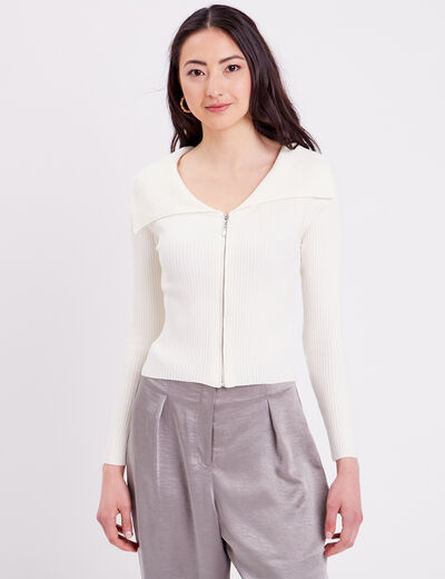 Gilet cropped zippé col bardot ecru femme
