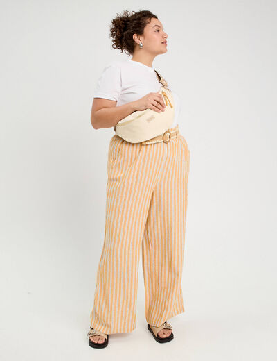 Pantalon large ceinturé contenant du lin jaune femme