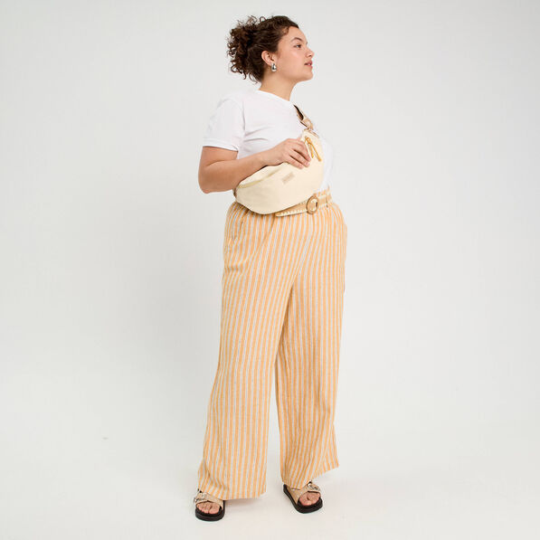Pantalon large ceinturé contenant du lin jaune femme