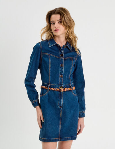 Robe droite en jean ceinturée denim brut femme