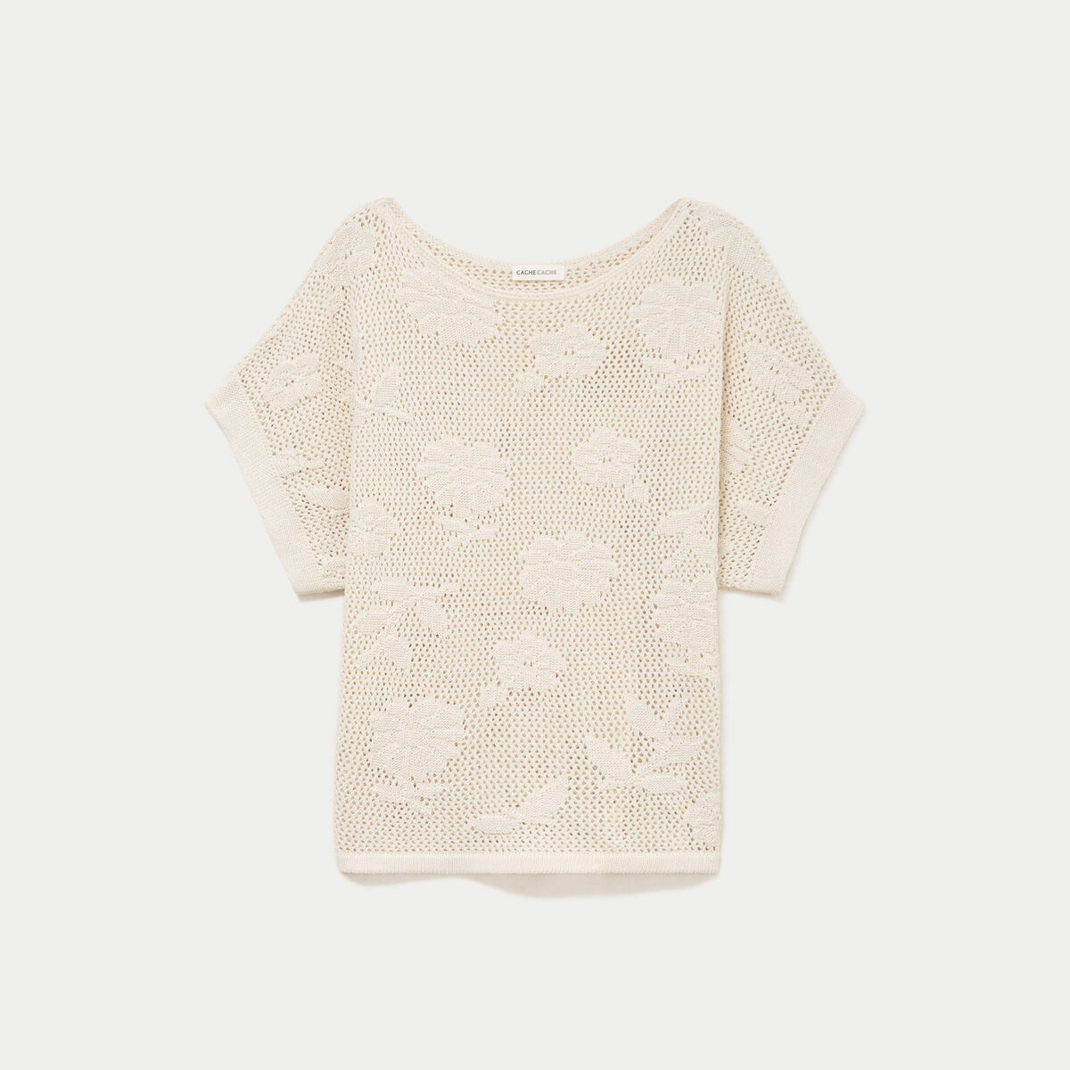 Pull ajour&eacute; col bateau manches courtes ecru femme