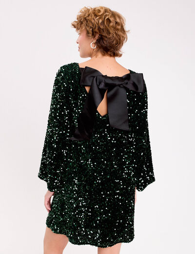 Robe &agrave; sequins dos nou&eacute; vert fonc&eacute; femme