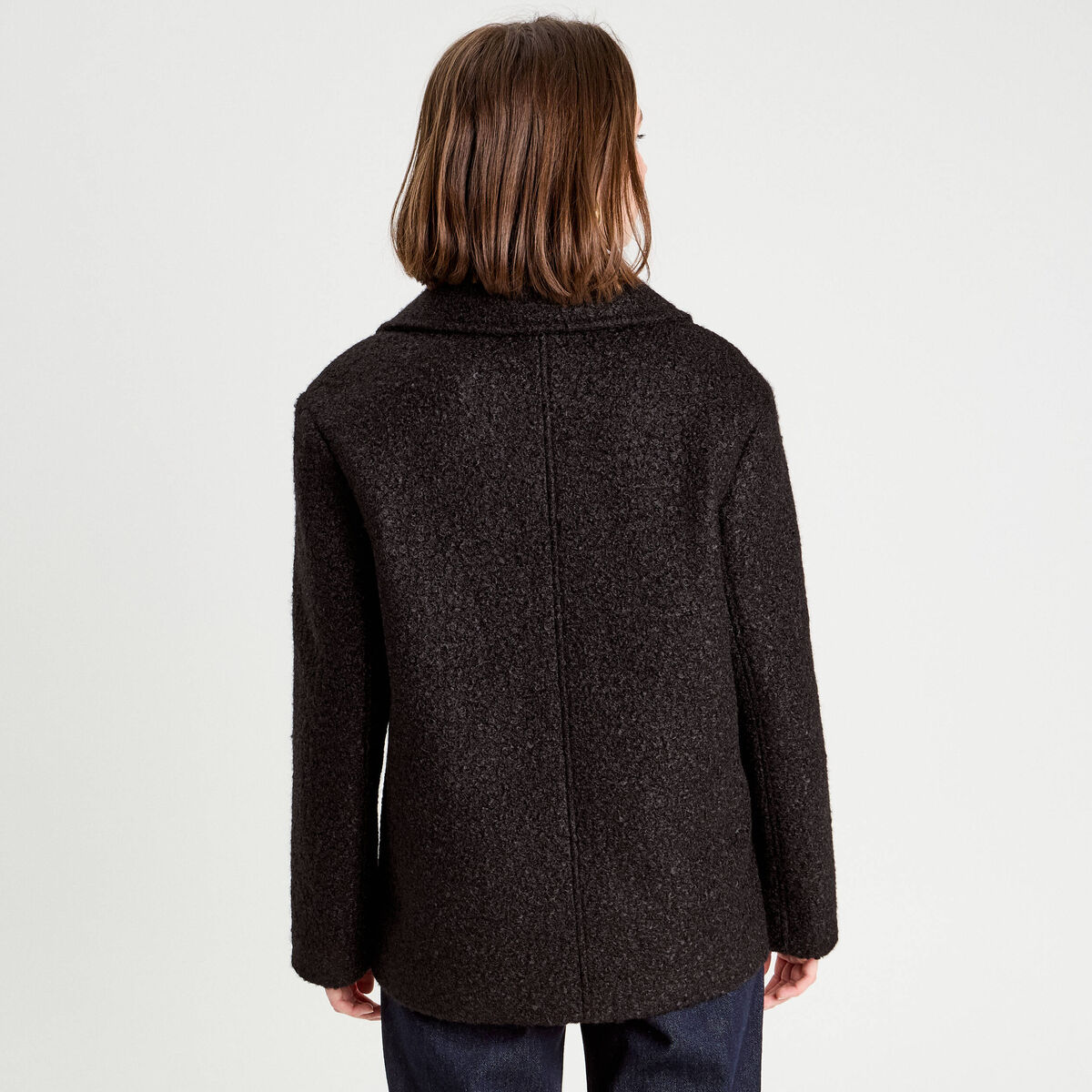 Manteau bouclette boutonn&eacute; noir femme