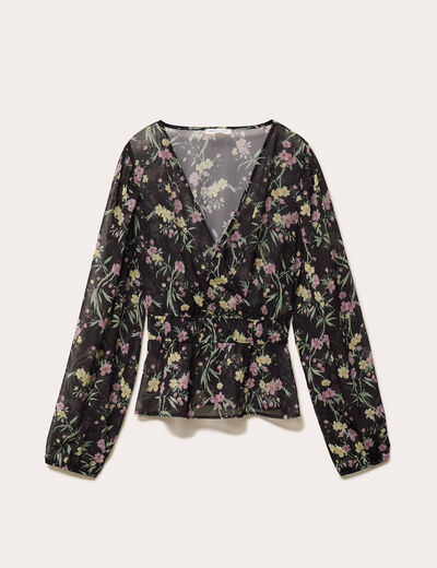 Blouse cintr&eacute;e col v manches longues noir femme
