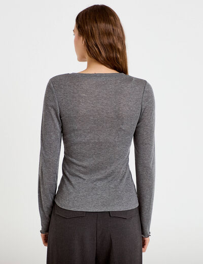T-shirt ajust&eacute; col rond manches longues gris fonc&eacute; femme