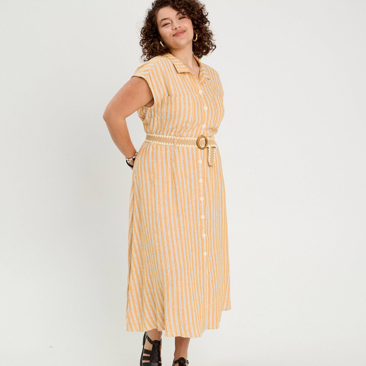 Robe chemise midi contenant du lin jaune femme