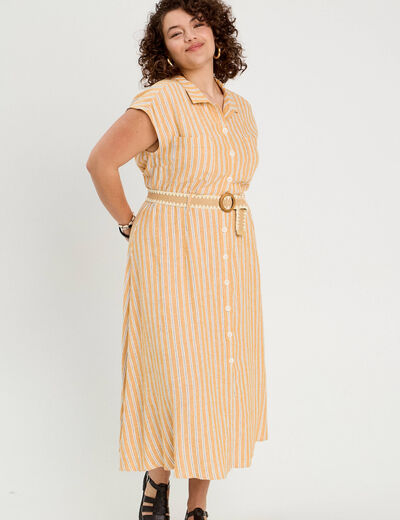 Robe chemise midi contenant du lin jaune femme