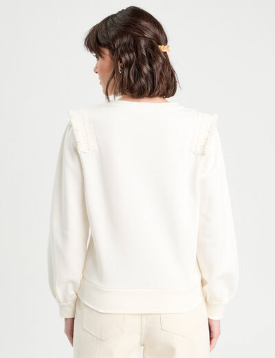 Sweat détails franges ecru femme