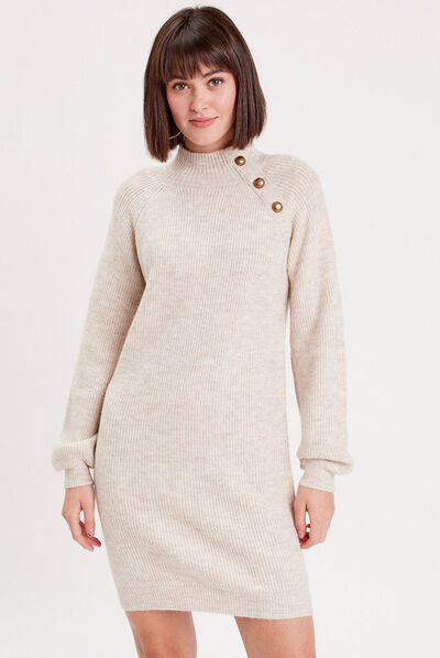 Robe pull droite col montant sable femme
