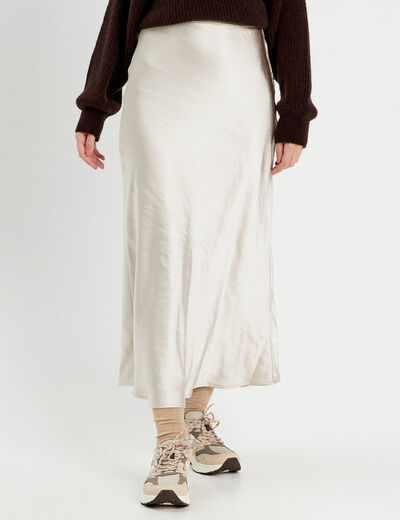 Jupe midi droite satin beige femme