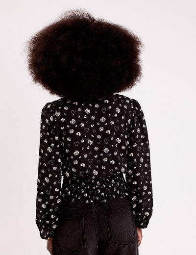 Blouse courte taille smock&eacute;e noir femme