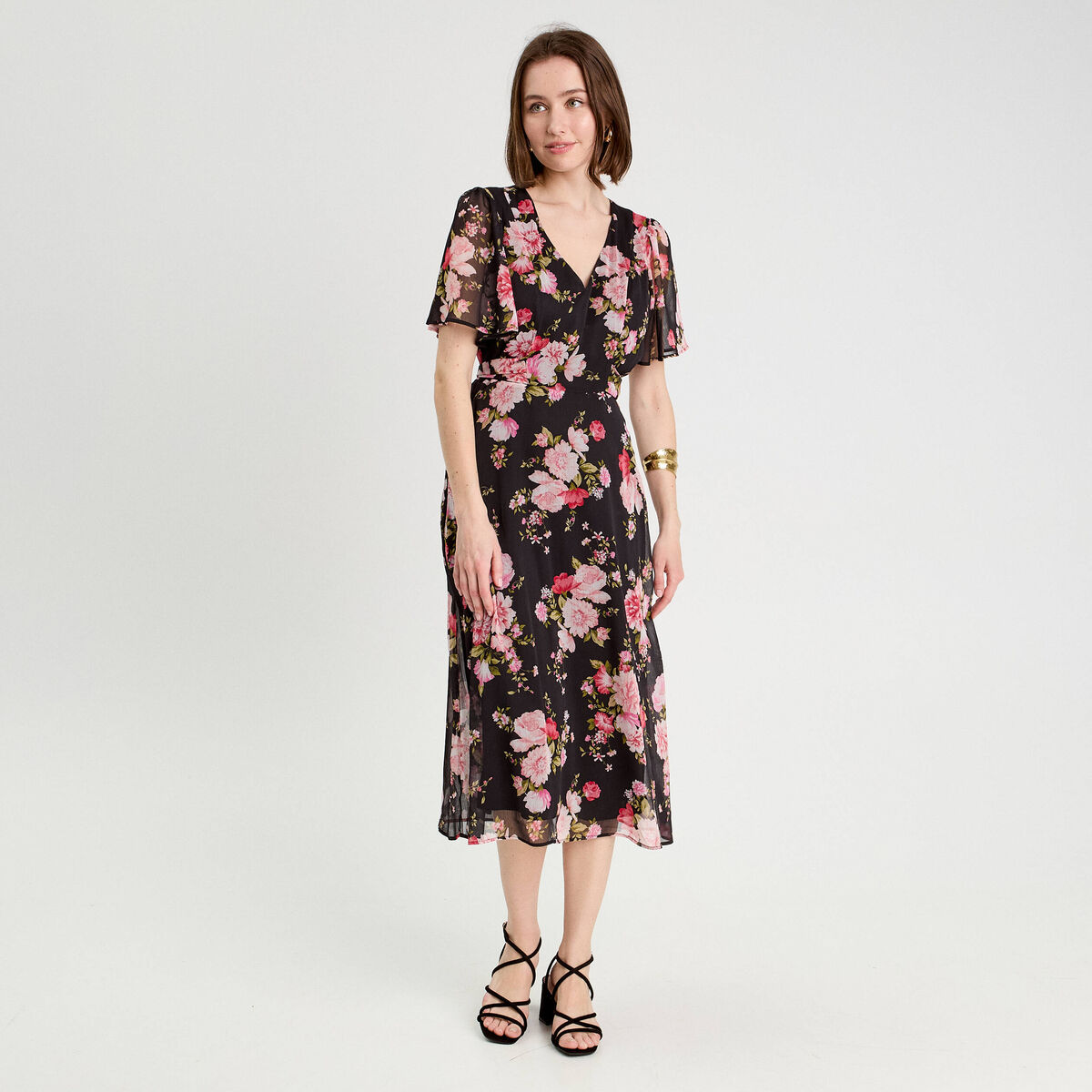 Robe midi évasée col en V noir femme