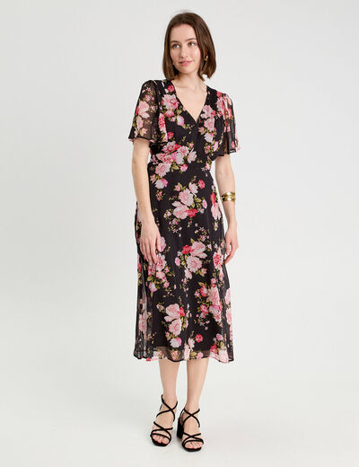 Robe midi évasée col en V noir femme
