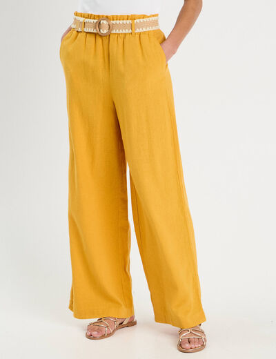 Pantalon large ceinturé contenant du lin jaune citron femme